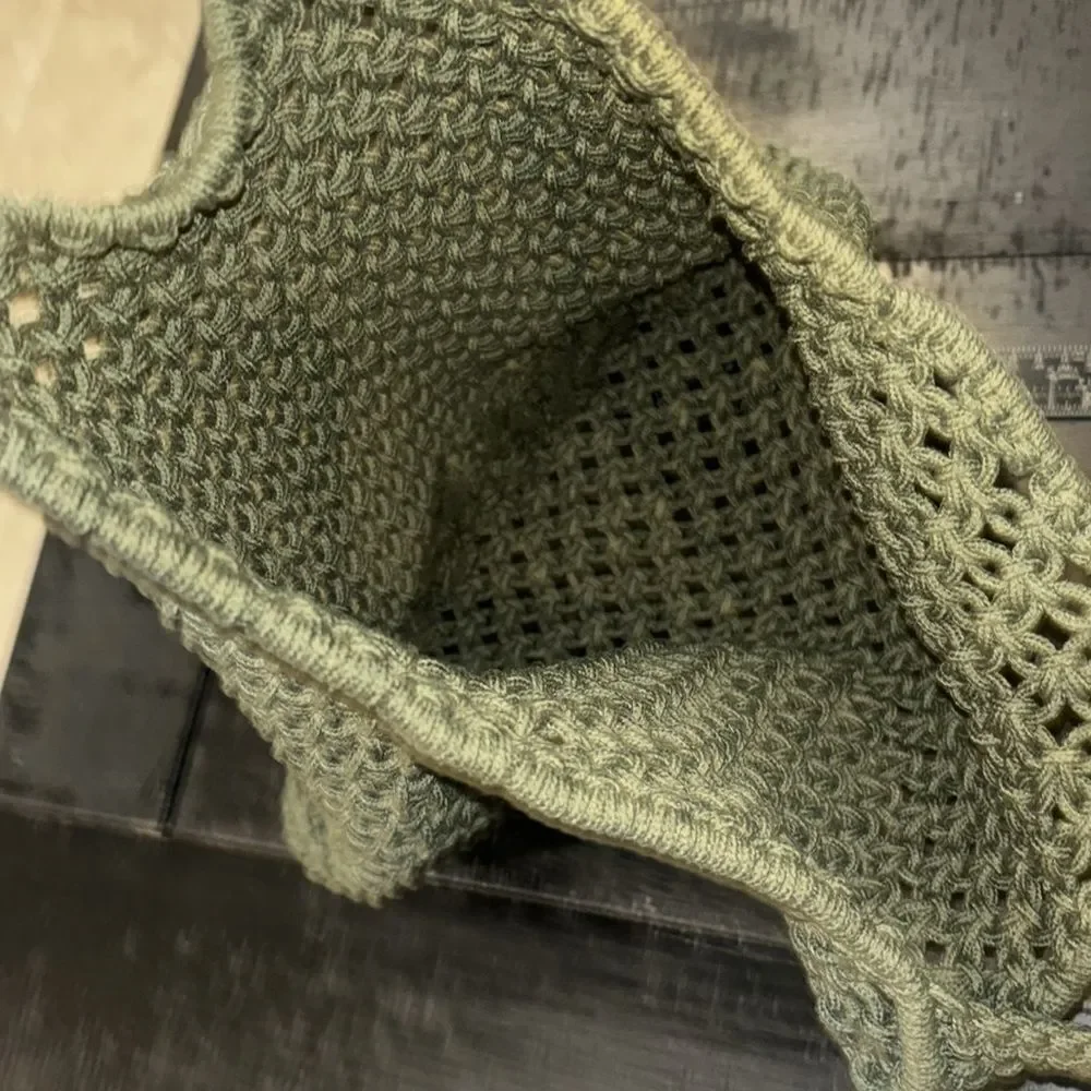Army Green Open Knit Rope Beach Bag Boho Cottagecore Tote Bag​​​​
